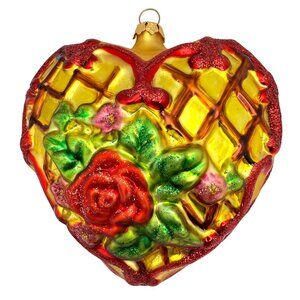 Handcrafted Heart-Shaped Glass Ornament Red Rose Floral Gold Base Red Glitter 4"